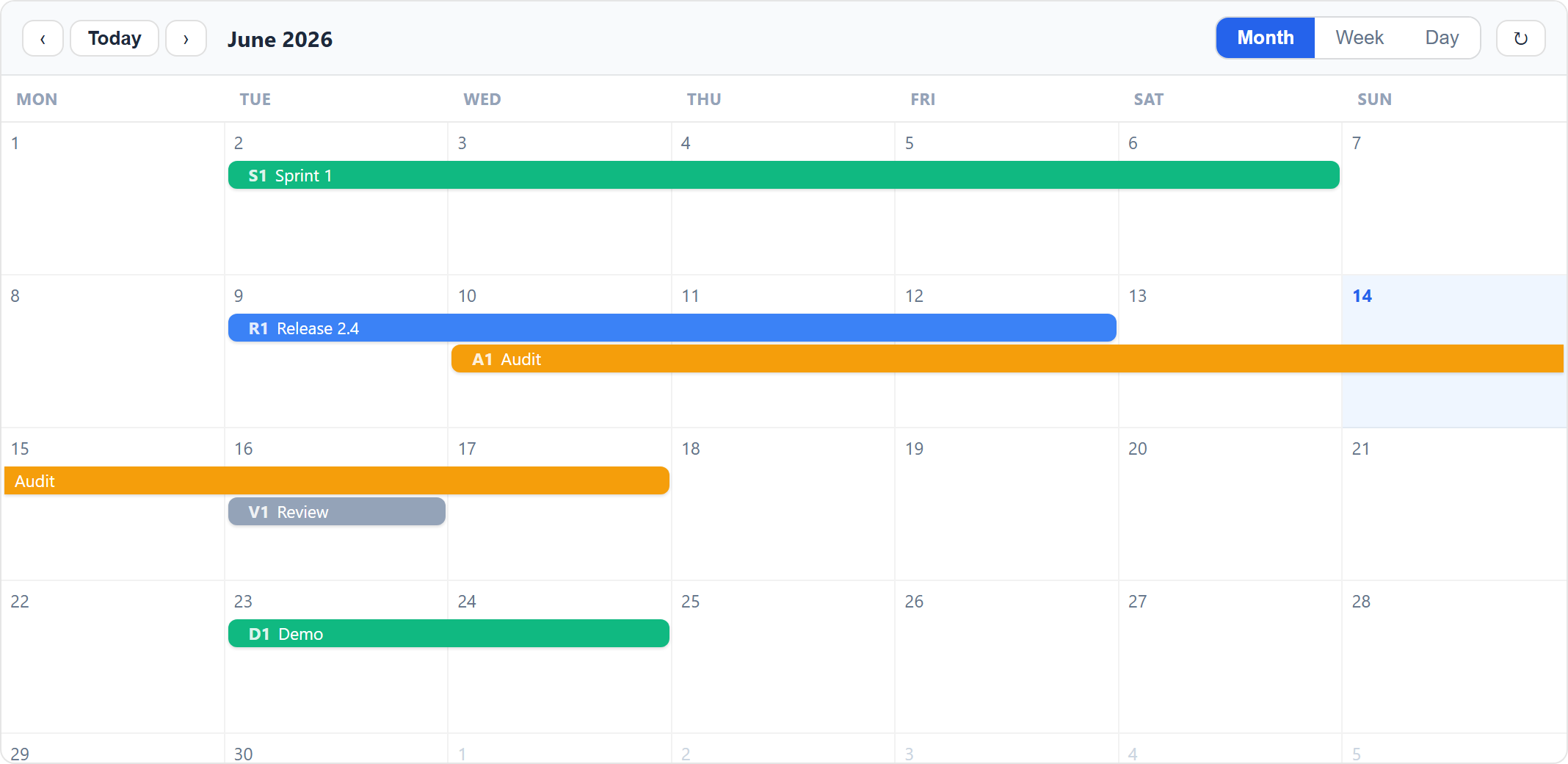 Calendar — month view, spanning bars